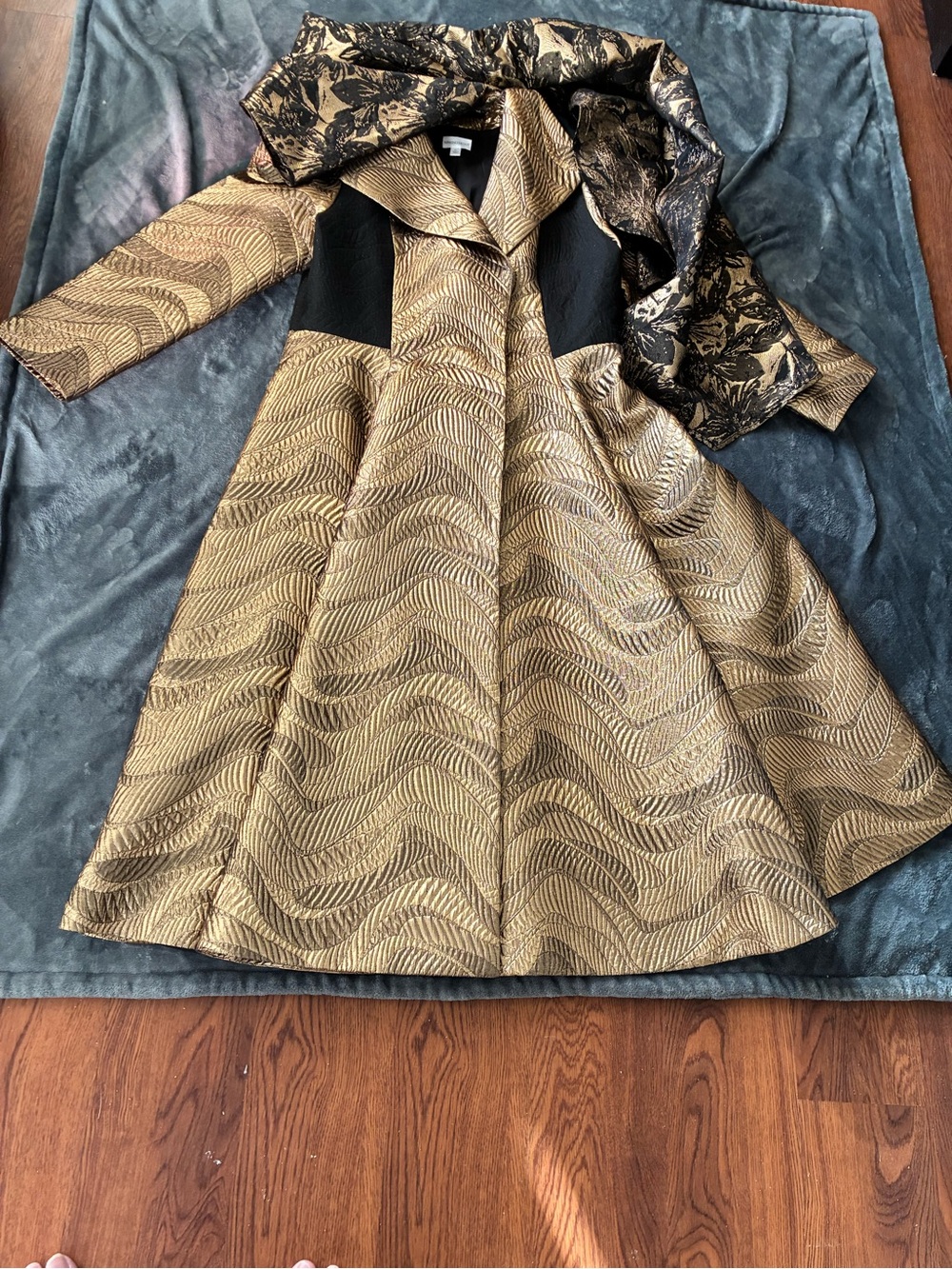 Gold Textured Fit-and-Flare Women's Coat with Black Accents